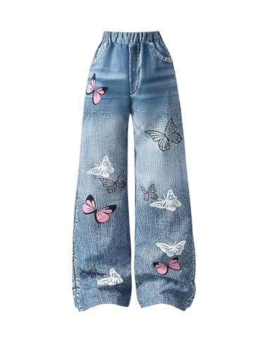 GORGLITTER Girl's Jeans Y2k Wide Leg Baggy Butterfly Graphic Elastic High Waisted Denim Pants Bottoms