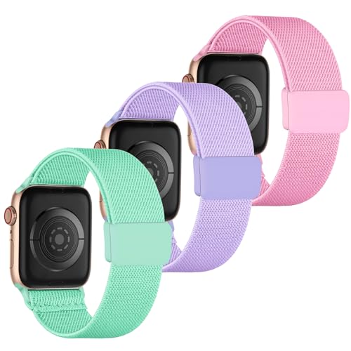 Stretchy Band Compatible with Kids Apple Watch Band Soft Nylon Braided Strap with Adjustable Snap-On Clasp for iWatch Series 9 8 7 6 5 4 3 2 1 SE (38/40/41mm Teal+Purple+Pink)