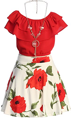 Image of Cold Shoulder Crop Top Ruffle Layered Top Flower Girl Skirt Sets for Girl