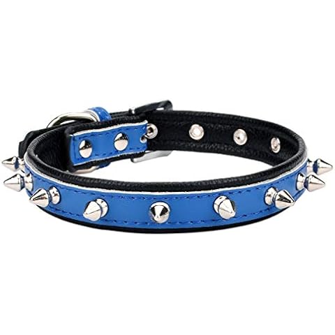 Aolove Spiked Studded Padded Leather Pet Collars for Cats Puppy Small Medium Large Dogs (14.5"-18.5" Neck * 1" Wide, Navy Blue Spiked) Cover