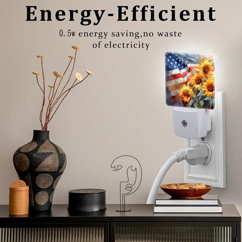 Image of American Flag with Sunflowers Night Light Plug into Wall,Watercolor USA Flag Patriotic Dusk to Dawn Night Light Plug in,0.5w Energy Saving Sleep Friendly NightLight for Kids Boys Girls Home Decor