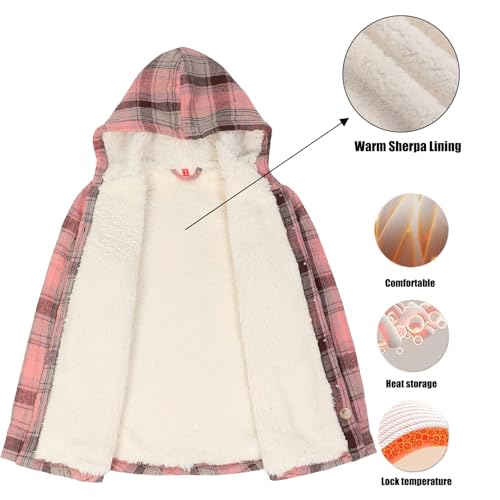 ThCreasa Girls Plaid Sherpa Lined Flannel Shirt Jacket Button Up Warm Jackets with Hood3