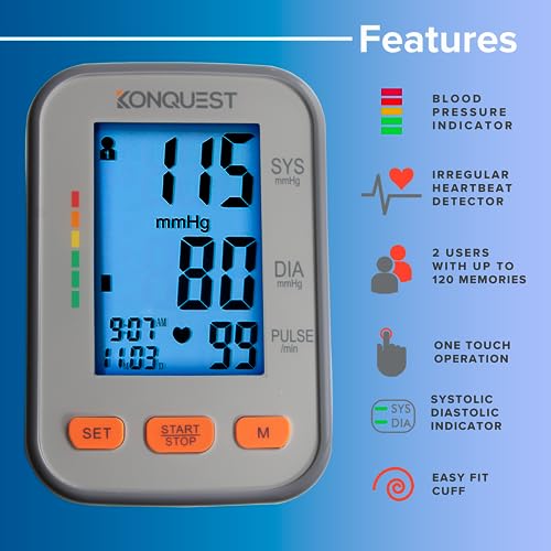 Konquest KBP-2704A Automatic Upper Arm Blood Pressure Monitor - Large Adjustable Bp Cuff - Large Backlit Display - Irregular Heartbeat Detector - Tensiometro Digital - Monitor For Home Use thumb #6