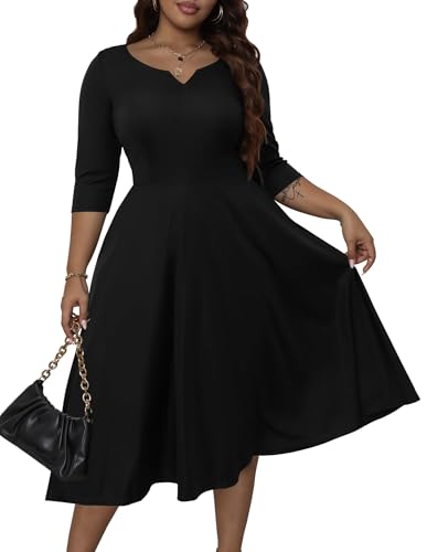Runwind Plus Size Black Dresses for Curvy Women Fit and Flare Swing Semi Formal Cocktail Wedding Guest Party Dress Black XL