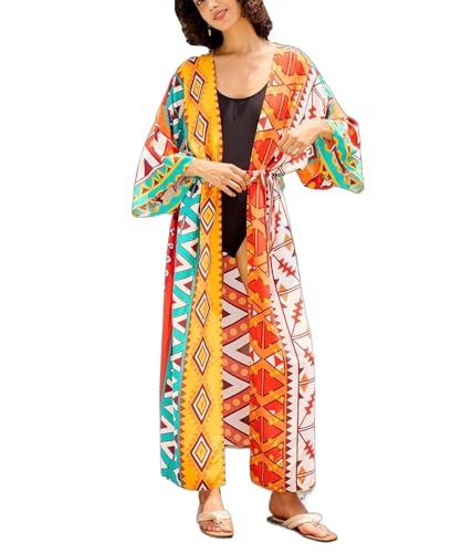 Image of Women's Kimono Cover Up Long Beach Dress Swimsuit Cover Ups Colorful Cardigan Lightweight Robe for Swimwear