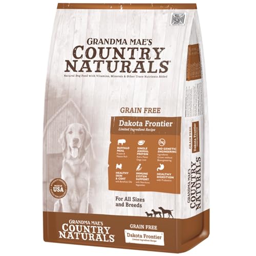 Grandma Mae’s Country Naturals Dry Dog Food, Grain Free Dakota Frontier Formula, Buffalo, Slow Cooked & Nutrient Dense, Made in USA, 4 LB Bag