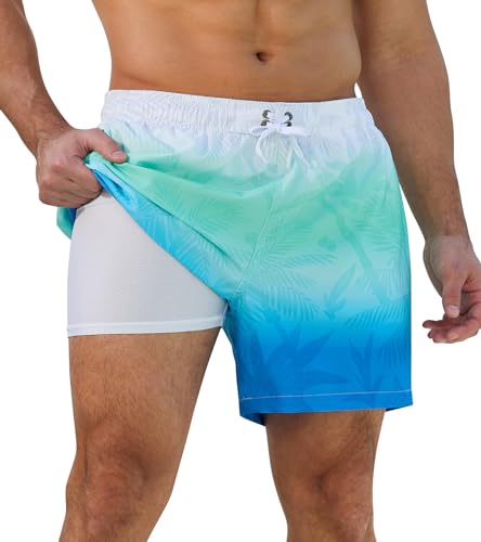 SILKWORLD Men Swimming Trunks Elastic Waist Beach Shorts Bathing Suit with Zipper Pockets, Cyan Coconut Tree, XX-Large