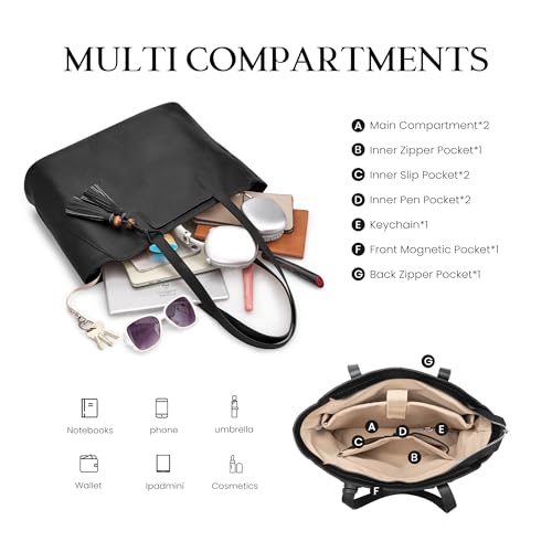 Image of befen Genuine Leather Tote Bag for Women Work, Women's Tote Handbags Shoulder Satchel Purse with Compartments and Tassel