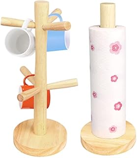 2 Pack Wooden Mug Tree and Kitchen Roll Holder Set 6 Cups Mug Holder Tree Stand and Free Standing Paper Towel Holder with Weighted Base for Kitchen Counter Tabletop Brown