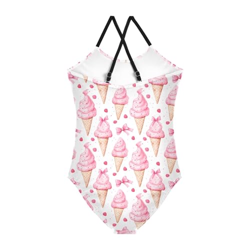 Pink Ice Cream Bow Pattern Girls Swimsuit One Piece Bathing Suit Beach Swimwear with Adjustable Straps 3-10Years2