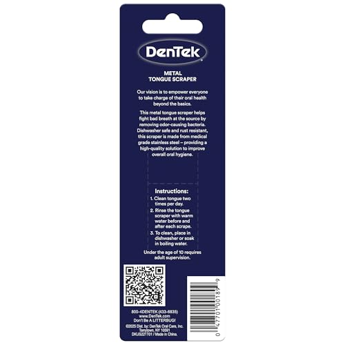 Image of DenTek Metal Tongue Scraper for Better Oral Health - Removes Bacteria, Fights Bad Breath - 100% Stainless Steel, Dishwasher-Safe - Slim Design, Works Gently