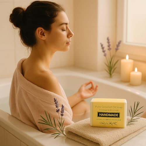 Image of 5 PACK Organic Soap Natural Cold Pressed Coconut Oil Soap with Lavender & Tea Tree - Pack of 5 - Moisturizing & Detoxifying Natural Soaps for Bath