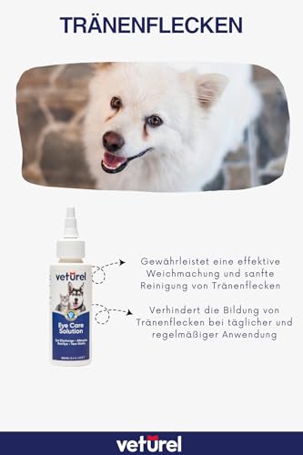 Veturel Augenpflege-Lösung für Katzen und Hunde | 100 ml Beruhigt Augeninfektionsallergie, lindert trockene Augen, rosa Augen, Tränenfleckenentferner Tropfen für Hunde | Kätzchen- und Welpenpflege