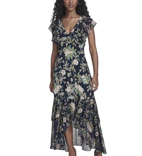 Image of Tommy Hilfiger Women's Flutter Sleeve V-Neck Ruffle Trim Hi-Lo Midi Dress