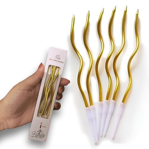 Image of KITTER Metallic Golden Spiral Candle for Decoration - Pack of 6 Pcs Twisted Candles for Birthday Cake | Golden Candle Set | Spiral Long Candles | Golden Candle for Cake Birthday