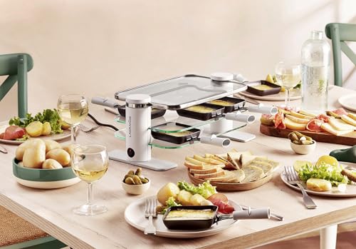 LAGRANGE Appareil à raclette 6 personnes, 750 W, Plateaux verre, plateau supérieur démontable pour nettoyage simplifié, Repose poêlons intégré, Design épuré, Bouton marche/arrêt, 079601