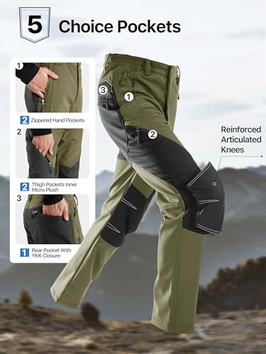 FREE SOLDIER Men's Fleece Lined Outdoor Cargo Hiking Pants Water Repellent Softshell Snow Ski Pants with Zipper Pockets(Army Green/Black 32W x 32L) - Thumbnail 5