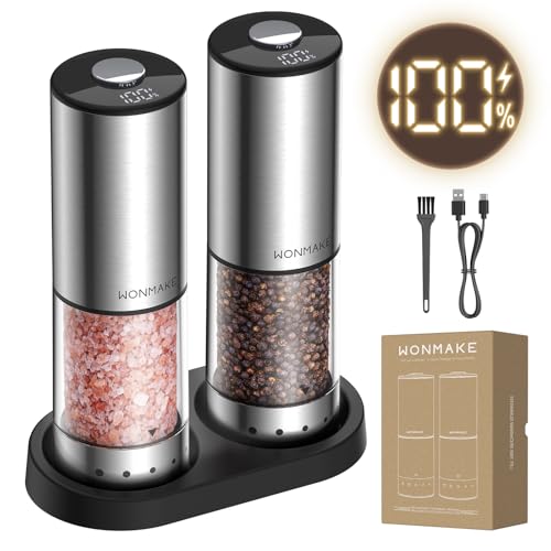 Electric Salt and Pepper Grinder Set, Type-C Rechargeable with LED Battery Level Display, Stainless...