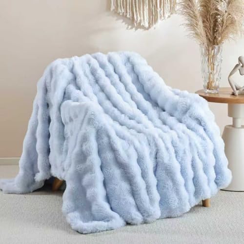 Smoofy Faux Fur Throw Blanket for Couch Rabbit Fleece - Light Blue Fluffy Blanket for Sofa Bedroom Living Room, Cozy Soft Plush Luxury Thick Winter Fuzzy Comfy Bubble Blanket - 50