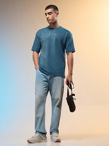 Image of TECHNOSPORT Men Printed Oversized Round Neck T-Shirt with COTFLEX, Dry Fit Sports Tee, Oversized Activewear T-Shirt for Gym, Running, Sports & Casual Wear