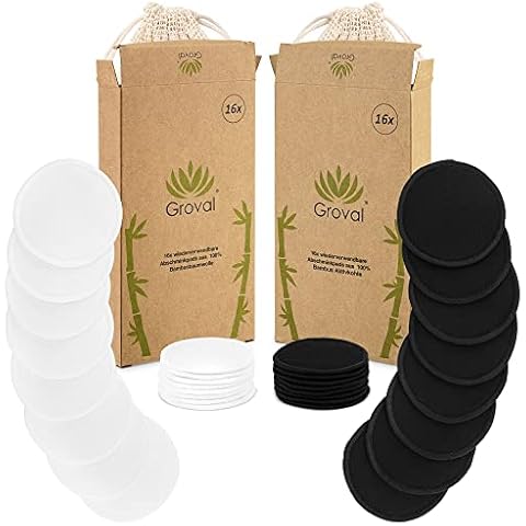 16 x Reusable Make-Up Pads | 100% Bamboo Cotton / Activated Carbon with Laundry Net | Makeup Remover | Washable Vegan Sustainable Environment | Suitable for Groval Bamboo Box Dispensers Cover