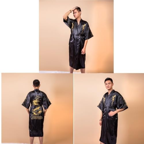 Dragon Robe Traditional Male Sleepwear,Chinese Silk Satin Robe Traditional Embroidery Dragon Kimono Yukata Bath Gown XL3