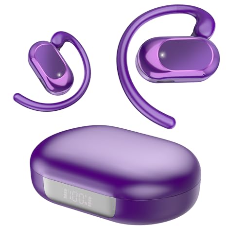 STECEi Auriculares Oreja Abierta Bluetooth 5.4, 2025 Auriculares Inalámbricos Deportivos con Gancho, 38H Estéreo Inalambricos Bluetooth con Pantalla LED, Control Táctil, IP7 Impermeable, Morado