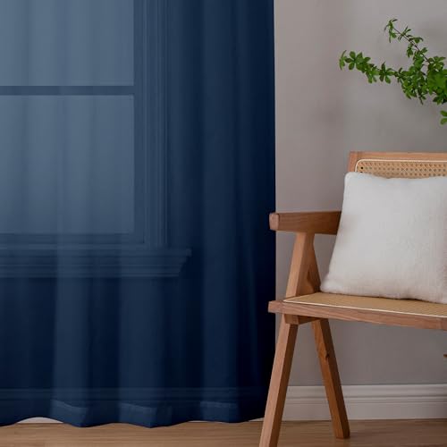 Image of OWENIE Blue Sheer Curtains, Sheer Curtains 78 inches Long 2 Panels Set, Rod Pocket Voile Fimly Sheer Drapes for Living Room /Bedroom, 2pcs, Each 42 inch W x 78 inch L, Navy Blue