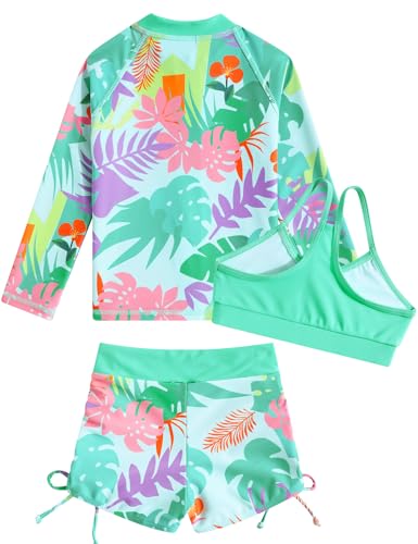 Image of Funnycokid Girls Swimsuit 3 Pieces Zip Rash Guard Bathing Suits Set Kids Bikini Boyshort Summer Swimwear 3-14 Years