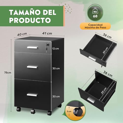 Miniatura 3 de Devaise Archivador De 3 Cajones Con Cerradura, Mueble Bajo Escritorio En Madera Con Ruedas Para Documentos A4 Carta, Negro Moderno Para Hogar Oficina