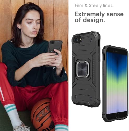 Honeyview Shockproof Case for iPhone SE 2022 / iPhone SE 2020 / iPhone 8/7/6/6s with Ring Kickstand, Bumper Apple Phone Cover for iPhone SE 2nd 3rd Generation - Black