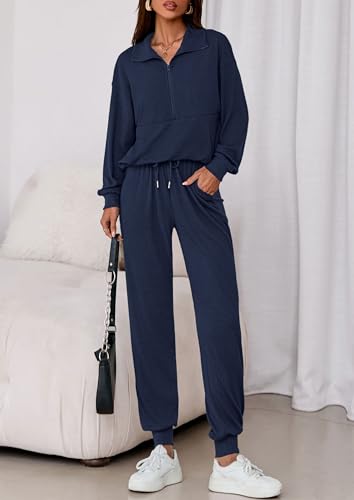 Image of PRETTYGARDEN Women 2 Piece Ribbed Knit Matching Lounge Sets | Comfy Sweat Track Suits, Athleisure Casual Outfit, Half Zip Sweatshirt & Jogger Pants, Fall Winter Clothes for Airport Travel