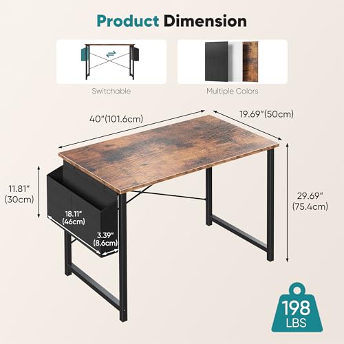 Image of OLIXIS Small Computer Desk, 40 Inch Gaming Desks for Home Office | Writing Study Craft Work Table, Computer Workstation for Bedroom Small Spaces with Storage Bag, Brown