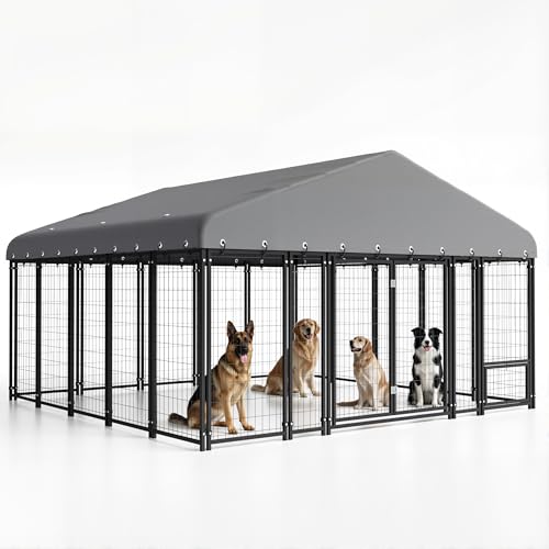 Muphyers 10X10FT Dog Kennel Outside Double Door Dog Kennel Outdoor with Feeding, Heavy Duty Outdoor Dog Crate Durable Dog Cage with Roof & Double Lock