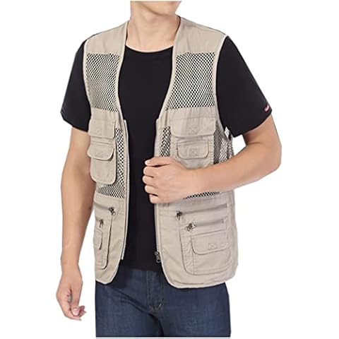 Men's Mesh Fishing Vest Photography Work Multi-Pockets Outdoors Journalist's Vest Jacket (W Khaki, Small) Cover