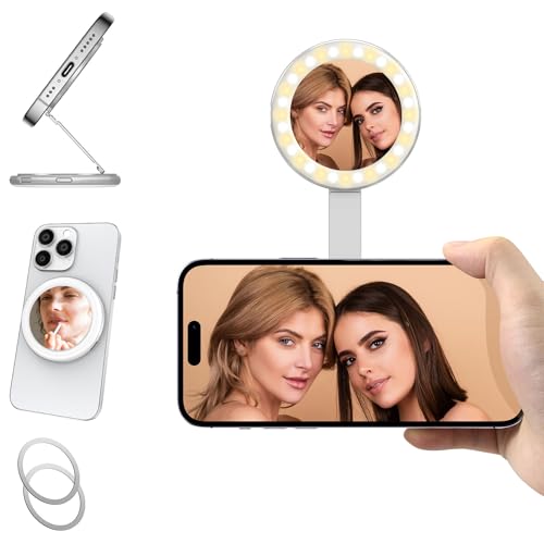 3-in-1 Magnetic Stand Selfie Mirror with LED Light for iPhone, Android Phone and Laptop, Silver, 3 Brightness, 3 Light Modes, with 2 Metal Rings, Stand with Magsafe Gift for Girl Selfies, Vlogging