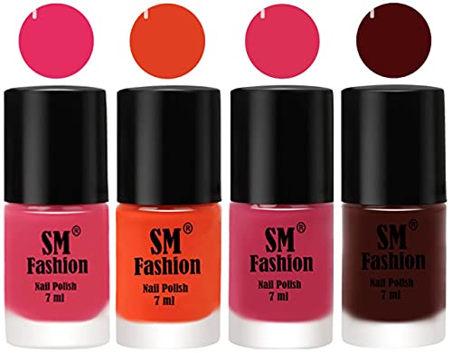 Image of Nail Polish Combo Set (Pack of 4) Quick Dry Gel Finish Nail Paint | Dark Rose Pink,Reddish Orange ,Dusty Pink,Wine | 7 ml Each