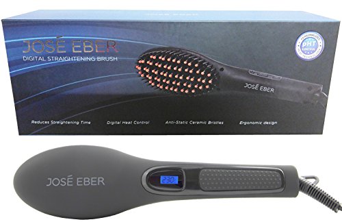 Original Jose Eber Digital Straightening Brush, Black, Dual Voltage 110V to 220V, Heated Brush, Straightener Brush with Adjustable Heat 232°C / 450°F