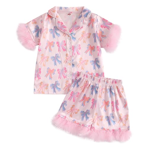 Kuriozud Toddler Girl Halloween Silk Satin Pajama Set Baby Halloween Pumpkin Pjs Girl Feather Trim Sleeve Nightgown Pjs