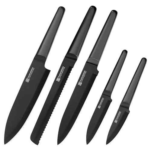 PAUDIN Kitchen Knife Set, 5Pcs Professional Black Chef's Knife Set, Stainless Steel Kitchen Knives Include Chef, Bread, Carving, Utility, Paring Knife Boxed Kitchen Knife Sets