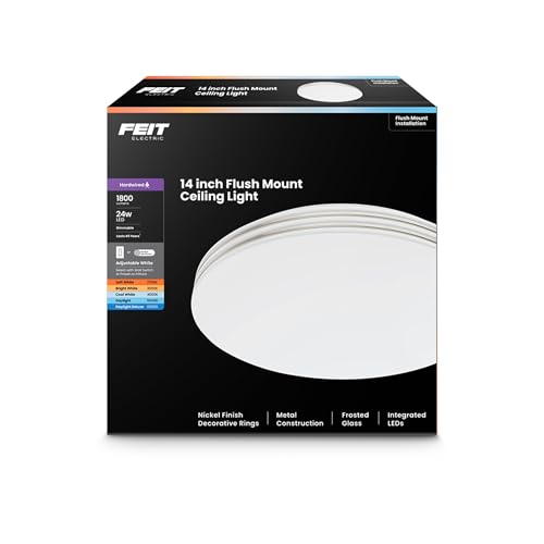Feit Electric 14" Adjustable White LED Ceiling Fixture, Dimmable Flush Mount Light, Selectable Color Temperature, Chrome Dual-Ring Finish, Versatile Lighting, 50,000-Hour Lifespan, FM14/DR1/6WY/NK by Feit Electric - Used condition - US$34.51