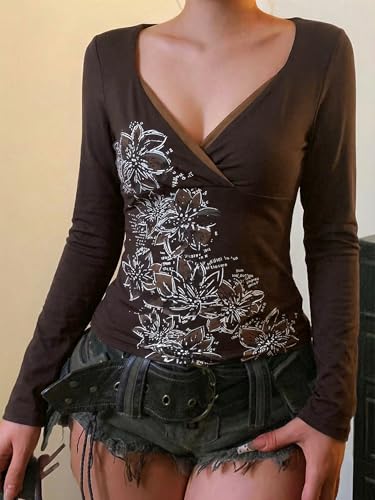 Image of EMMIOL Y2K Fairy Grunge Short Sleeve Shirts for Women Vintage Floral Graphic V Neck Cute Going Out Tops Emo Summer Tee