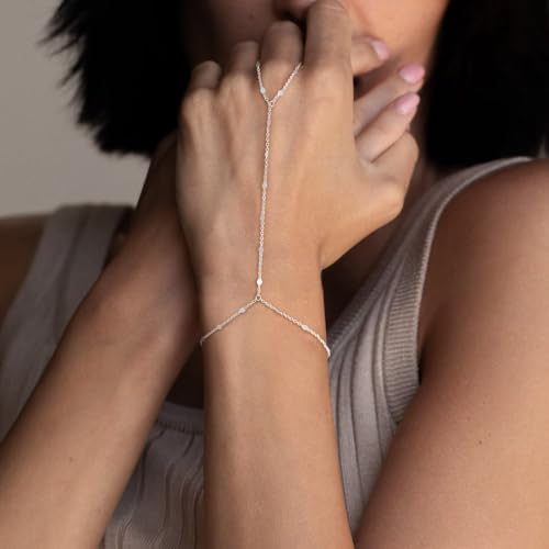 IEFWELL S925 Sterling Silver Hand Chain Bracelet for Women - Dainty Satellite Beads Cable Twisted Sequins Hand Chain Bracelet Finger Ring, Sterling Silver Jewelry Gifts for Her2