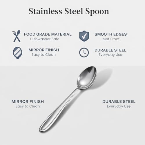 Image of Stainless Steel Table Spoons 16 cm | Mirror Finish | Rust-Resistant | Lightweight Daily Use Dinner Spoons | Dishwasher Safe | Cutlery Set for Home & Kitchen | Catering | Resturants (Set of 24 Spoons)