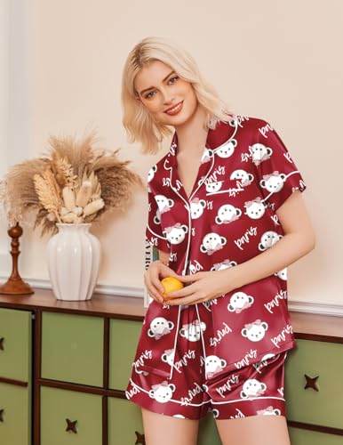 Image of Ekouaer Silk Pajamas for Women Funny Teddy Sleepwear Comfy Short Sleeve Button Down Loungewear Satin Pjs Shorts Set,Wine,L