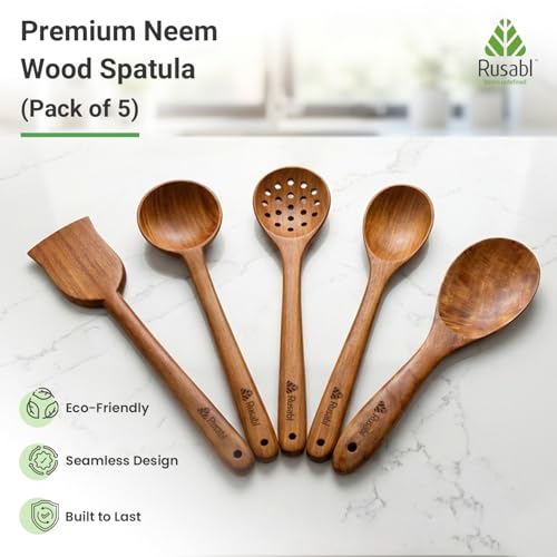 Image of Rusabl Pack of 5 Neem Wood Spatula, Spoonula, Slotted Spoon, Ladle, | Serving Spoon, Seamless Design Non Stick Cookware for Cooking and Baking