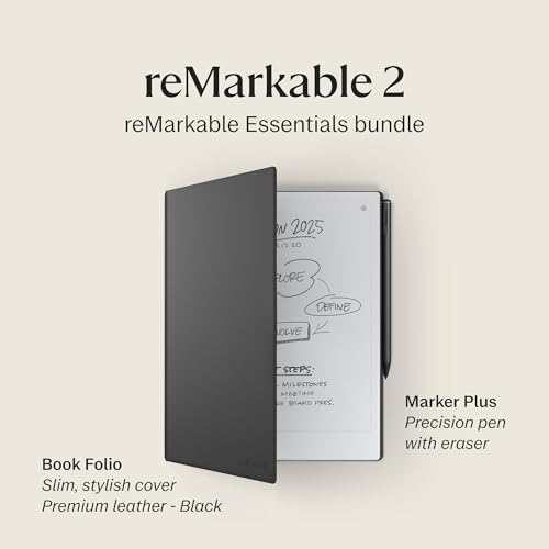reMarkable 2 Bundle - Leder-Folio | 10,3-Zoll reMarkable 2 Papier-Tablet, Marker Plus Pen mit integriertem Radierier und Book Folio-Hülle aus hochwertigem Schwarzen Leder