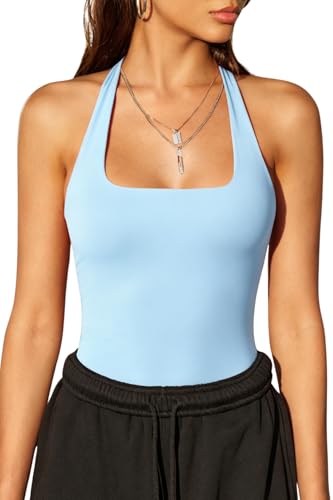 Image of QINSEN Womens Halter Top Double Lined Tank Top Sleeveless Open Back Slim fit Going Out Tops