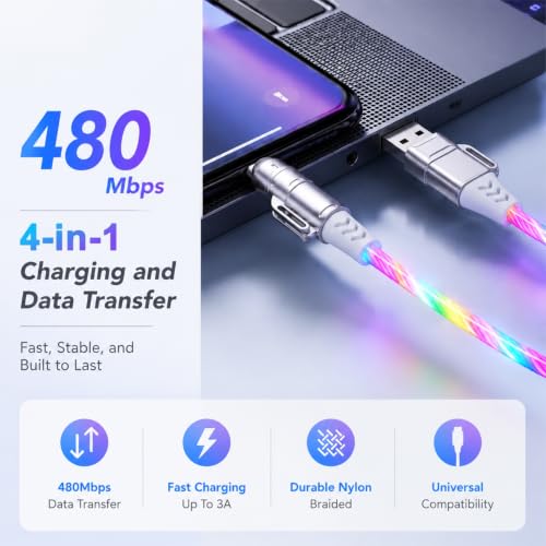 Image of Verilux 4-in-1 PD 100W Type C Cable Fast Charging with RGB Glow 3.3FT /1M