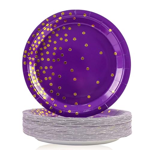 EVYIENEN Paquete de 50 platos de papel morados y dorados, 17,78 cm, papel de aluminio metálico con lunares, desechables, suministros de fiesta para graduación, cumpleaños, cóctel, fiesta, bodas